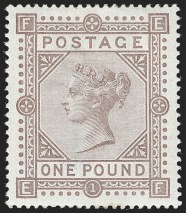G.B., 1882, &pound;1 Brown Lilac on Blued Paper
SG Specialised J127; SG 132; Scott 92
The Finest Example in Existence
Realized $88,500 on March 19, 2019
