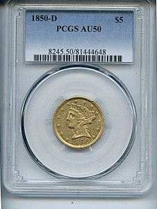 Liberty Half Eagle, $5, 1850 - D, 8245, Obverse
