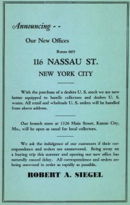 Announcement of move to New York City in Sale 25 catalogue