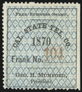 Sale 905, Lot 3765, Telegraph Stamps, California State Telegraph Co., 1870, Blue and Black (5T1) Sale 905, Lot 3765, Telegraph Stamps