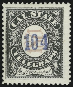 Sale 905, Lot 3767, Telegraph Stamps, California State Telegraph Co., 1871, Black and Salmon, Blue Number (5T4) Sale 905, Lot 3767, Telegraph Stamps