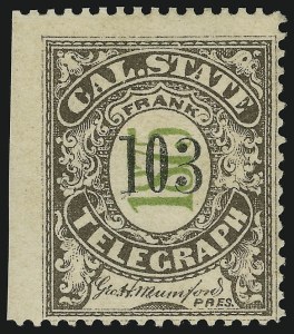 Sale 905, Lot 3771, Telegraph Stamps, California State Telegraph Co., 1875, Brown and Green, Black Number (5T8) Sale 905, Lot 3771, Telegraph Stamps