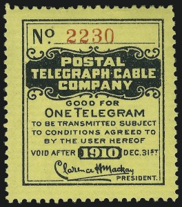 Sale 905, Lot 3776, Telegraph Stamps, Postal Telegraph Co., 1910, Black on Yellow Laid (15T42) Sale 905, Lot 3776, Telegraph Stamps