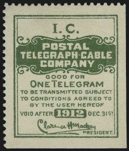 Sale 905, Lot 3777, Telegraph Stamps, Postal Telegraph Co., 1912, Dark Green, Official (15TO14) Sale 905, Lot 3777, Telegraph Stamps