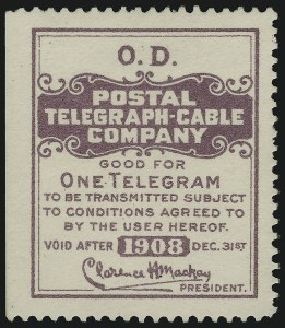 Sale 905, Lot 3778, Telegraph Stamps, Postal Telegraph Co., 1908, Violet, Official (15TO17) Sale 905, Lot 3778, Telegraph Stamps