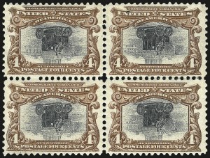 Sale 968A, Lot 369, 1901 Pan-American Issue Invert Blocks (Scott 294a, 295a, 296)