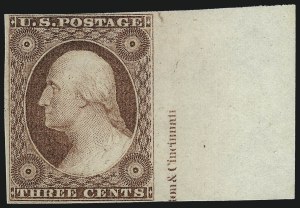 Sale 1017, Lot 234, 3c 1851-56, Brownish Carmine, Imprint, Corner, Sheet Margins (Scott 11-11A)
