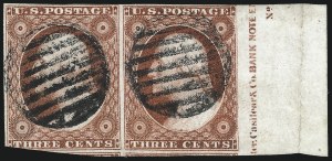 Sale 1017, Lot 235, 3c 1851-56, Brownish Carmine, Imprint, Corner, Sheet Margins (Scott 11-11A)