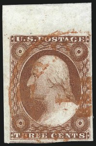 Sale 1017, Lot 236, 3c 1851-56, Brownish Carmine, Imprint, Corner, Sheet Margins (Scott 11-11A)