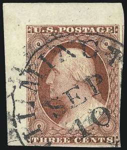 Sale 1017, Lot 238, 3c 1851-56, Brownish Carmine, Imprint, Corner, Sheet Margins (Scott 11-11A)