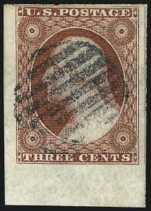 Sale 1017, Lot 240, 3c 1851-56, Brownish Carmine, Imprint, Corner, Sheet Margins (Scott 11-11A)