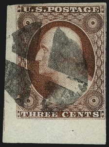 Sale 1017, Lot 241, 3c 1851-56, Brownish Carmine, Imprint, Corner, Sheet Margins (Scott 11-11A)