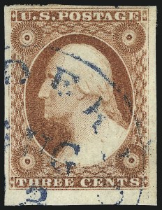 Sale 1017, Lot 243, 3c 1851-56, Brownish Carmine, Imprint, Corner, Sheet Margins (Scott 11-11A)