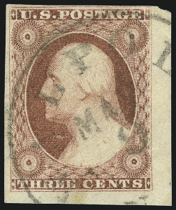 Sale 1017, Lot 246, 3c 1851-56, Brownish Carmine, Imprint, Corner, Sheet Margins (Scott 11-11A)