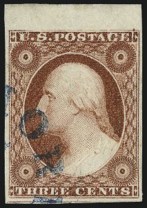 Sale 1017, Lot 249, 3c 1851-56, Brownish Carmine, Imprint, Corner, Sheet Margins (Scott 11-11A)
