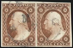 Sale 1017, Lot 250, 3c 1851-56, Brownish Carmine, Imprint, Corner, Sheet Margins (Scott 11-11A)