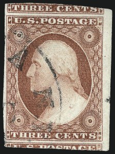 Sale 1017, Lot 252, 3c 1851-56, Brownish Carmine, Imprint, Corner, Sheet Margins (Scott 11-11A)
