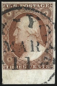 Sale 1017, Lot 254, 3c 1851-56, Brownish Carmine, Imprint, Corner, Sheet Margins (Scott 11-11A)