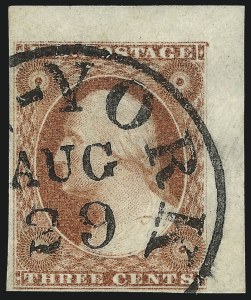 Sale 1017, Lot 325, 3c 1851-56, Dull Red, Corner Margin Copies (Scott 11-11A)