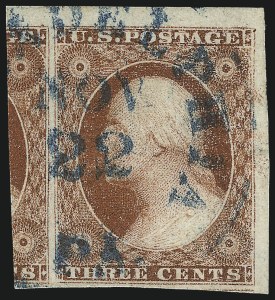 Sale 1017, Lot 328, 3c 1851-56, Dull Red, Corner Margin Copies (Scott 11-11A)