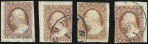 Sale 1017, Lot 346, 3c 1851-56, Dull Red, Corner Margin Copies, Cont. (Scott 11-11A)