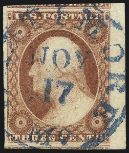 Sale 1017, Lot 389, 3c 1851-56, Dull Red, Sheet-Margin Copies (Scott 11-11A)