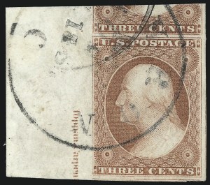 Sale 1017, Lot 429, 3c 1851-56, Claret, Imprint and Corner Margin Copies (Scott 11-11A)