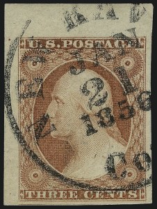 Sale 1017, Lot 432, 3c 1851-56, Claret, Imprint and Corner Margin Copies (Scott 11-11A)