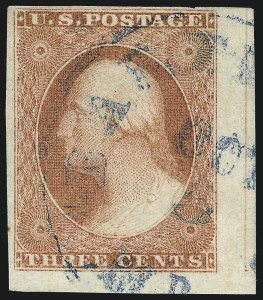 Sale 1017, Lot 435, 3c 1851-56, Claret, Imprint and Corner Margin Copies (Scott 11-11A)