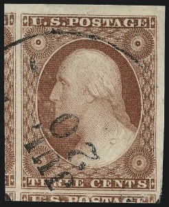 Sale 1017, Lot 438, 3c 1851-56, Claret, Imprint and Corner Margin Copies (Scott 11-11A)