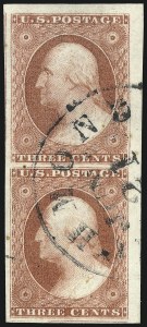 Sale 1017, Lot 439, 3c 1851-56, Claret, Imprint and Corner Margin Copies (Scott 11-11A)