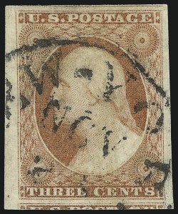 Sale 1017, Lot 443, 3c 1851-56, Claret, Sheet Margin Copies (Scott 11-11A)