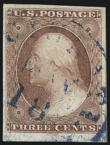 Sale 1017, Lot 451, 3c 1851-56, Claret, Sheet Margin Copies (Scott 11-11A)