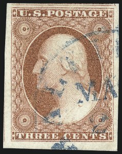 Sale 1017, Lot 452, 3c 1851-56, Claret, Sheet Margin Copies (Scott 11-11A)