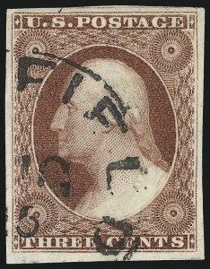 Sale 1017, Lot 454, 3c 1851-56, Claret, Sheet Margin Copies (Scott 11-11A)