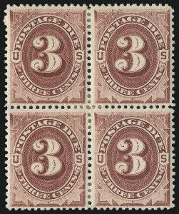 Sale 1037, Lot 2270, Postage Due Featuring Blocks and Plate Blocks (Scott J1-J28), 3c Bright Claret (J24) Sale 1037, Lot 2270, Postage Due Featuring Blocks and Plate Blocks (Scott J1-J28)