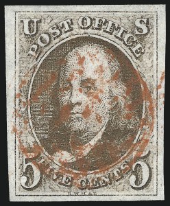 Sale 1078, Lot 22, 5c 1847 Issue (Scott 1-1d), 5c Red Brown (1) Sale 1078, Lot 22, 5c 1847 Issue (Scott 1-1d)