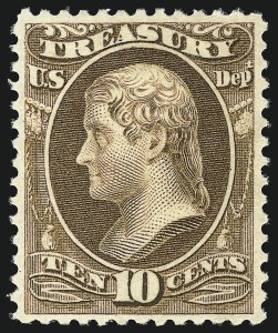Sale 1085, Lot 4203, 1875 American Bank Note Co. Printing on Soft Paper (Scott O94-O117), 10c Treasury, Soft Paper (O111) Sale 1085, Lot 4203, 1875 American Bank Note Co. Printing on Soft Paper (Scott O94-O117)