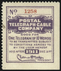 Sale 1090, Lot 1899, Telegraph Company Stamps, cont.
