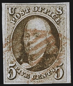 Sale 1107, Lot 24, 1847 Issue (Scott 1-2), 5c Red Brown (1) Sale 1107, Lot 24, 1847 Issue (Scott 1-2)