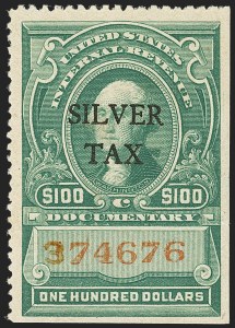Sale 1140, Lot 1375, Revenues, Silver Tax, $100.00 Green, Silver Tax (RG21) Sale 1140, Lot 1375, Revenues, Silver Tax
