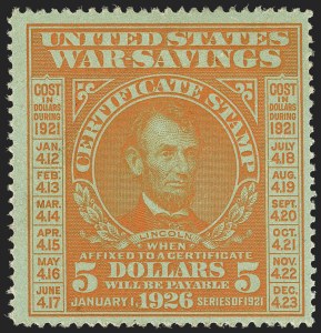 Sale 1140, Lot 1474, Savings Stamps, Seals, other Back-of-Book, $5.00 Orange on Green, War Savings (WS6) Sale 1140, Lot 1474, Savings Stamps, Seals, other Back-of-Book