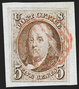 Sale 1206, Lot 63, 1847 Issue (Scott 1-2), 5c Red Brown (1) Sale 1206, Lot 63, 1847 Issue (Scott 1-2)