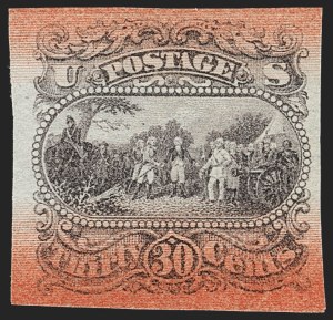 Sale 1232, Lot 1030, Essays, Proofs and Specimens, 30c Burgoyne, Plate Essay on Thin Surface-Tinted Paper, Plate Essay on Bond with Red Bands (121-E1p, 121-E1s) Sale 1232, Lot 1030, Essays, Proofs and Specimens