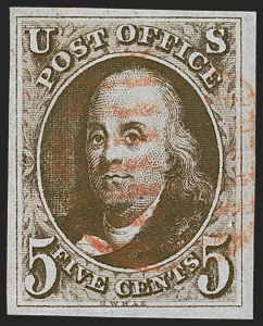 Sale 1255, Lot 18, 5c 1847 Issue, Early Impressions (Scott 1)