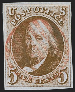 Sale 1255, Lot 32, 5c 1847 Issue, Early Impressions (Scott 1)