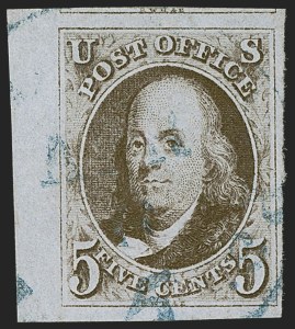 Sale 1255, Lot 37, 5c 1847 Issue, Intermediate and Worn-Plate Impressions (Scott 1)