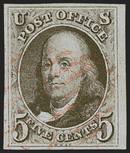 Sale 1255, Lot 38, 5c 1847 Issue, Intermediate and Worn-Plate Impressions (Scott 1)