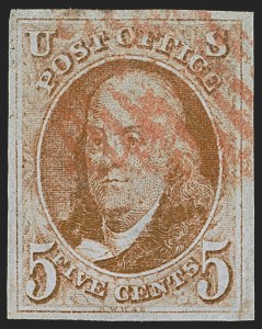 Sale 1255, Lot 40, 5c 1847 Issue, Intermediate and Worn-Plate Impressions (Scott 1)