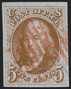 Sale 1255, Lot 42, 5c 1847 Issue, Intermediate and Worn-Plate Impressions (Scott 1)